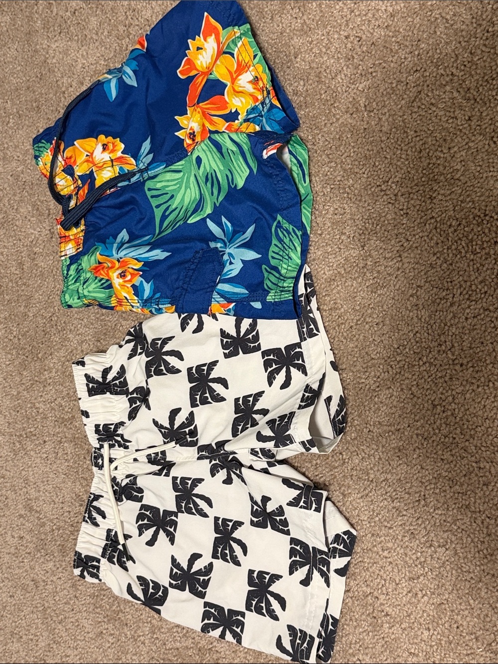Tropical Blue Floral Swim Trunks + Black Palm Print White Shorts - Set
